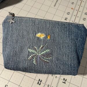 Embroidered Denim Pouch with Floral Design one of a kind